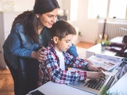 mom supporting son with school